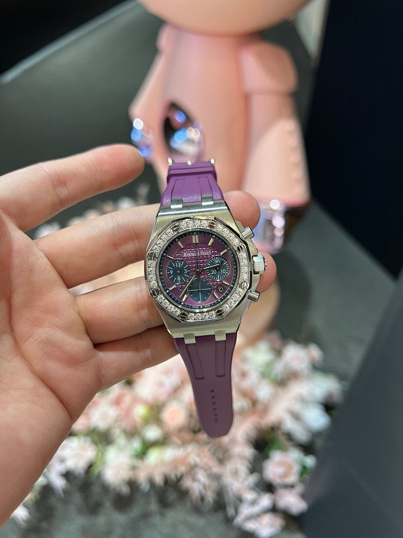 Audemars Piguet Royal Oak Offshore Chronograph – Steel Diamond Bezel Purple Mega Tapisserie Dial Date Purple Rubber Strap