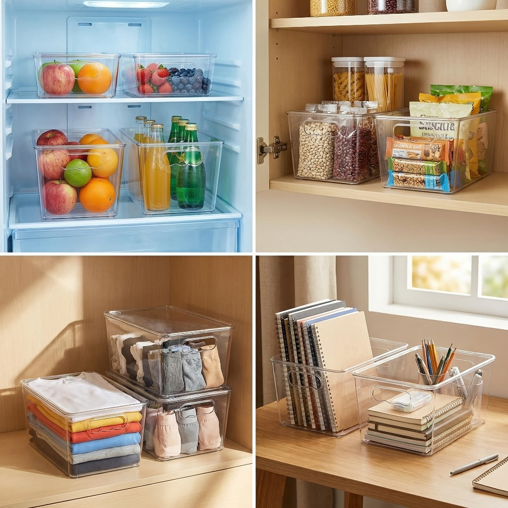 Storage Bins for Home Organization, Six Clear Stackable Containers with Matching Lids and Side Handles