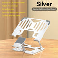 2-in-1 Laptop and Phone Stand with Adjustable Foldable Metal Frame in Silver or Black for Desk Use