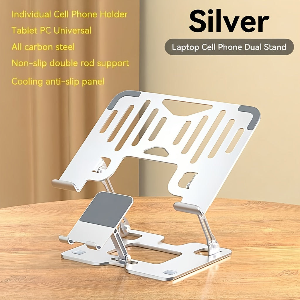 2-in-1 Laptop and Phone Stand with Adjustable Foldable Metal Frame in Silver or Black for Desk Use