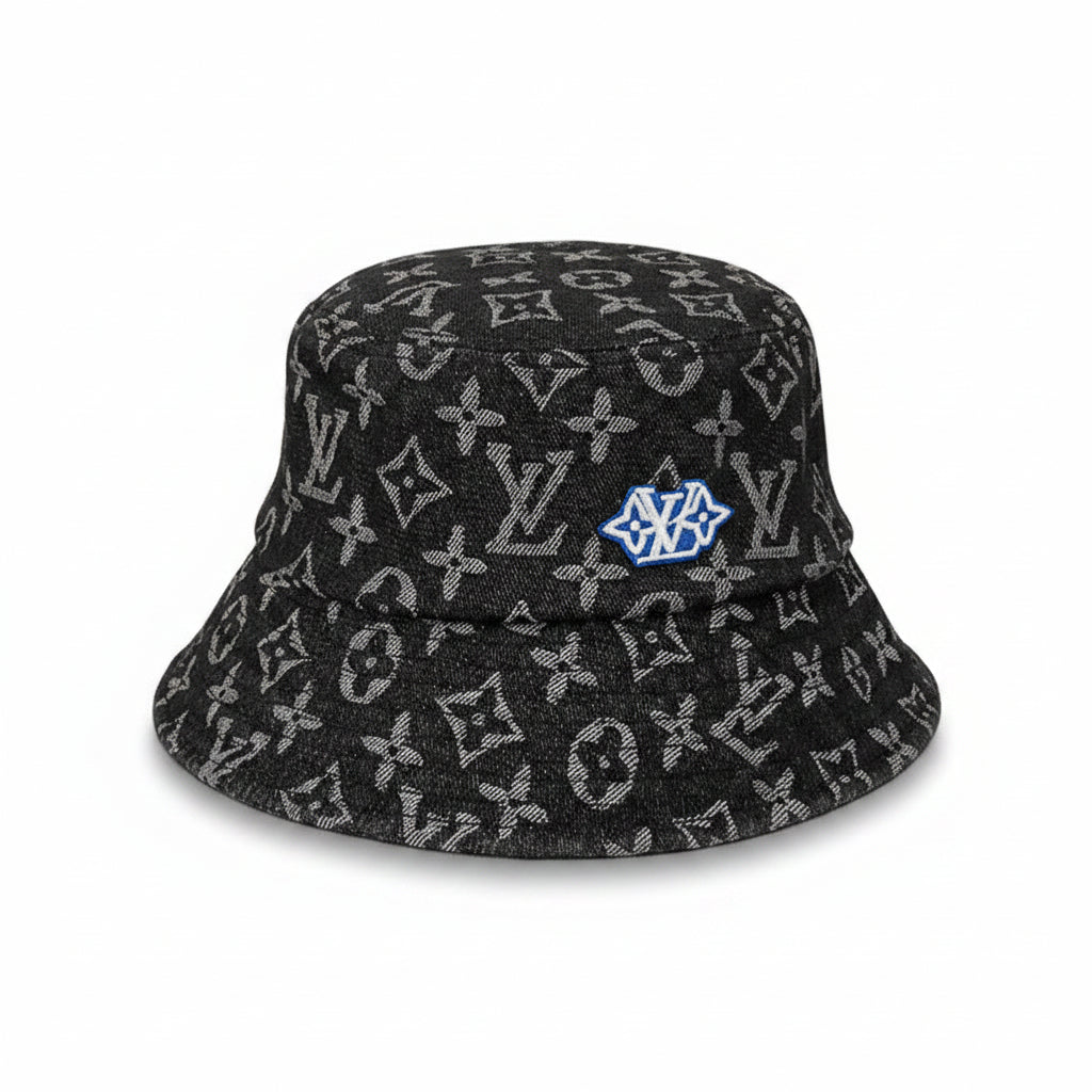 Luxury Monogram Black Denim Bucket Hat with Embroidered Logo Patch
