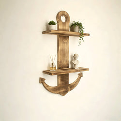 Floating Wall Shelves Solid Wood 2-Tier Nautical Anchor Shelf Handcrafted Heavy Duty Wall Mounted Organizer for Bedroom Living Room Bathroom Lake House
