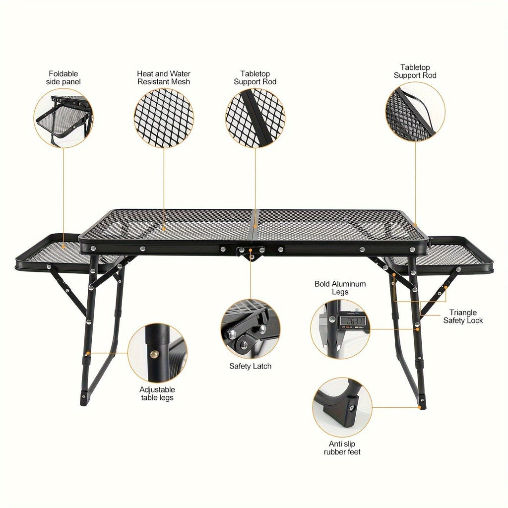 Portable Folding Camping Table with 2 Wingboards & Mesh Top – Height Adjustable Outdoor Grill Side Table for Picnic Barbecue Beach Backpacking, Lightweight Compact Folding Table with Carry Bag
