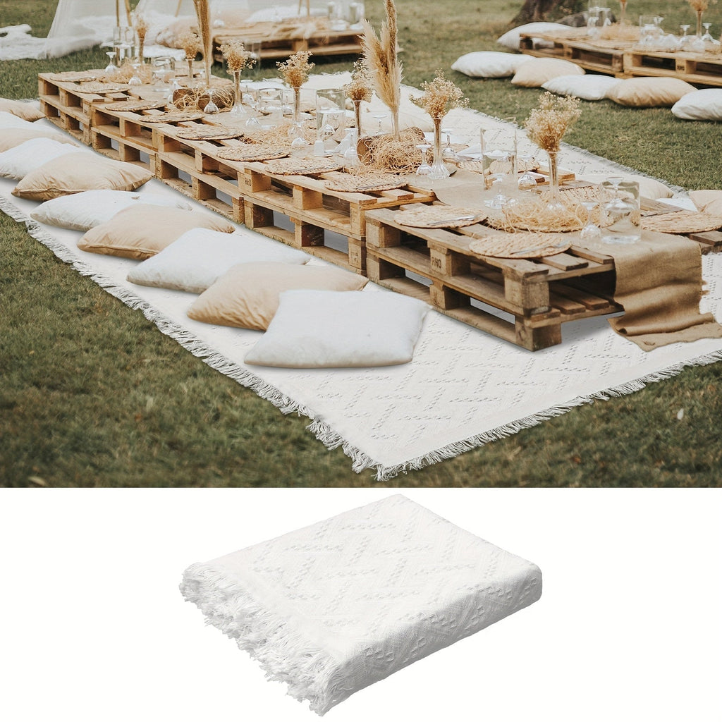 Picnic Blanket, Large 91 x 71-Inch White Woven Cotton Throw with Geometric Texture and Fringed Edges