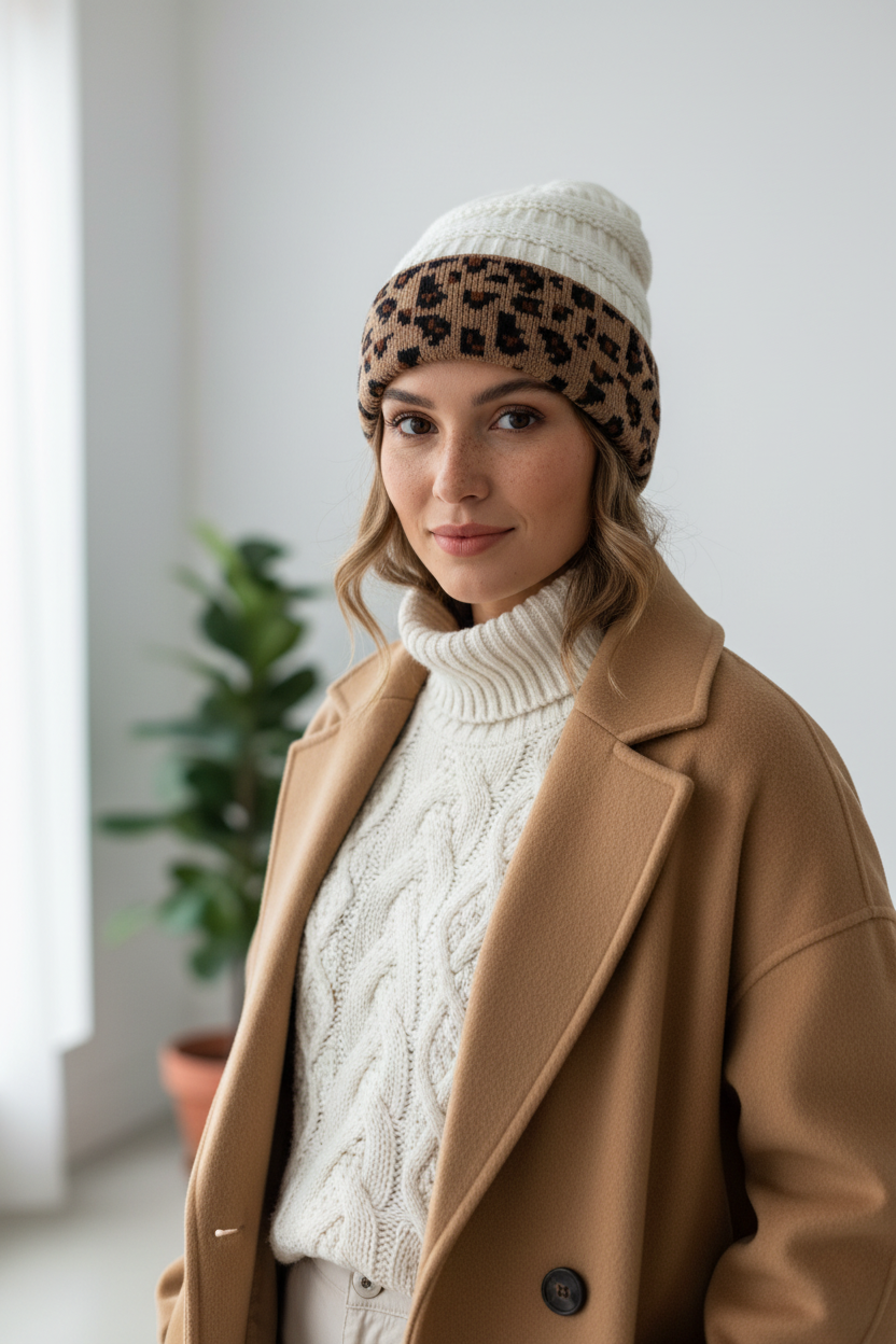 Trieber Strickmütze mit Leopardenmuster und Umschlag – Polyacryl, Einheitsgröße, 9 Farben