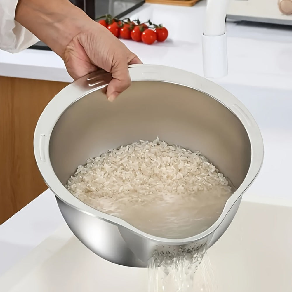Stainless Steel Kitchen Colander with Handle - Multipurpose Rice Strainer Mesh Basket for Washing Rice