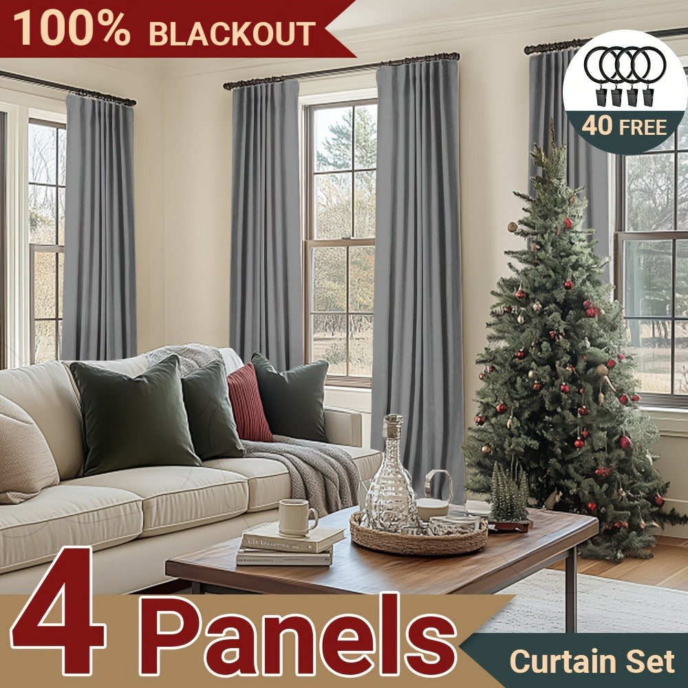 Four Faux Linen Textured Panels with Thermal Insulation and Rod Pockets for Living Room and Bedroom, 100% Blackout Curtains