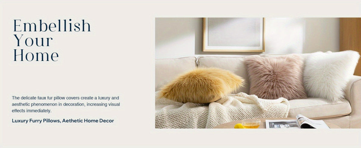 Faux Fur Throw Pillow Covers Pack of 2 – Luxury Soft Fluffy Decorative Cushion Covers for Couch Bed Sofa, Pet Friendly, Zipper Closure