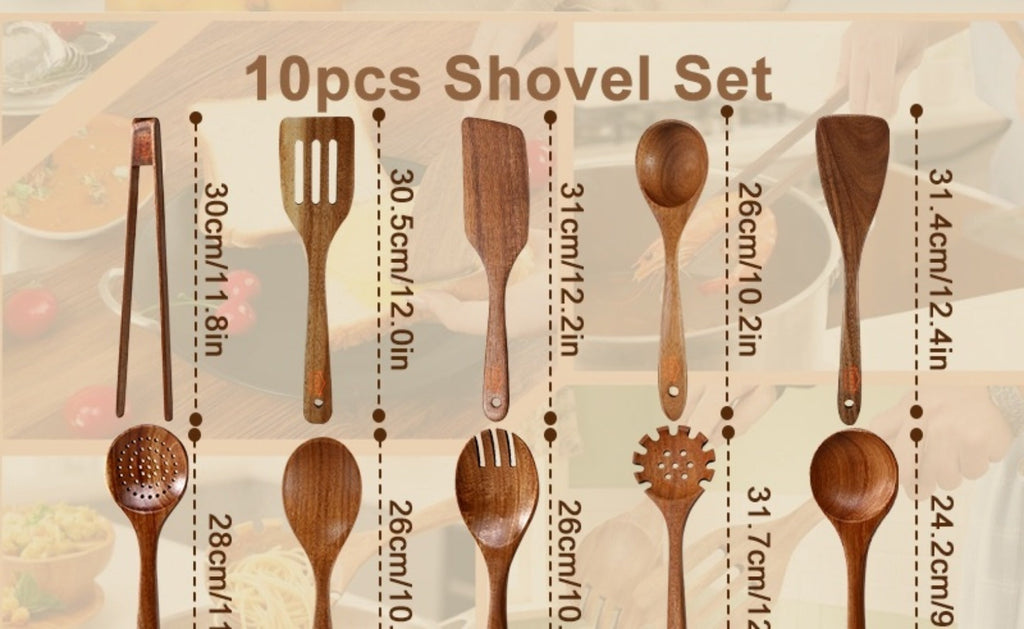 Kitchen Utensils 10-Piece Teak Wood Spoon and Spatula Set with Thickened, Basic and Shovel Configurations