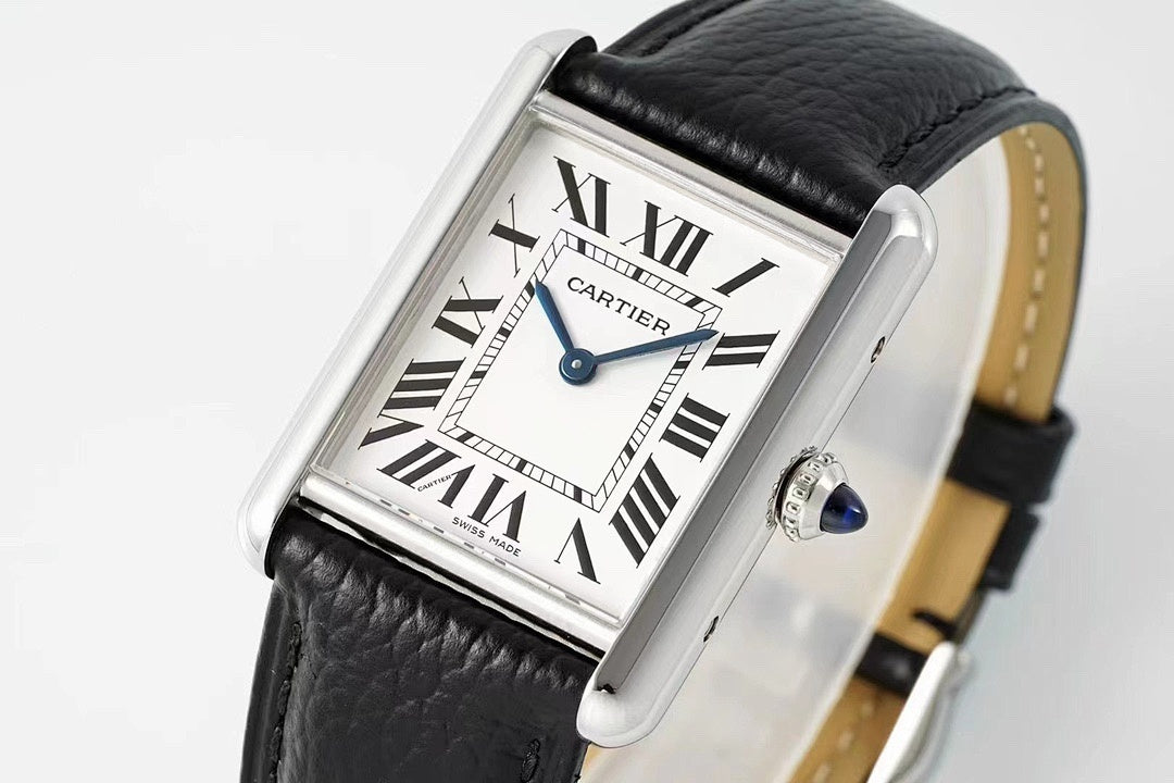 Cartier Tank – Steel White Roman Numeral Dial Blue Sword Hands Sapphire Crown Black Leather Strap