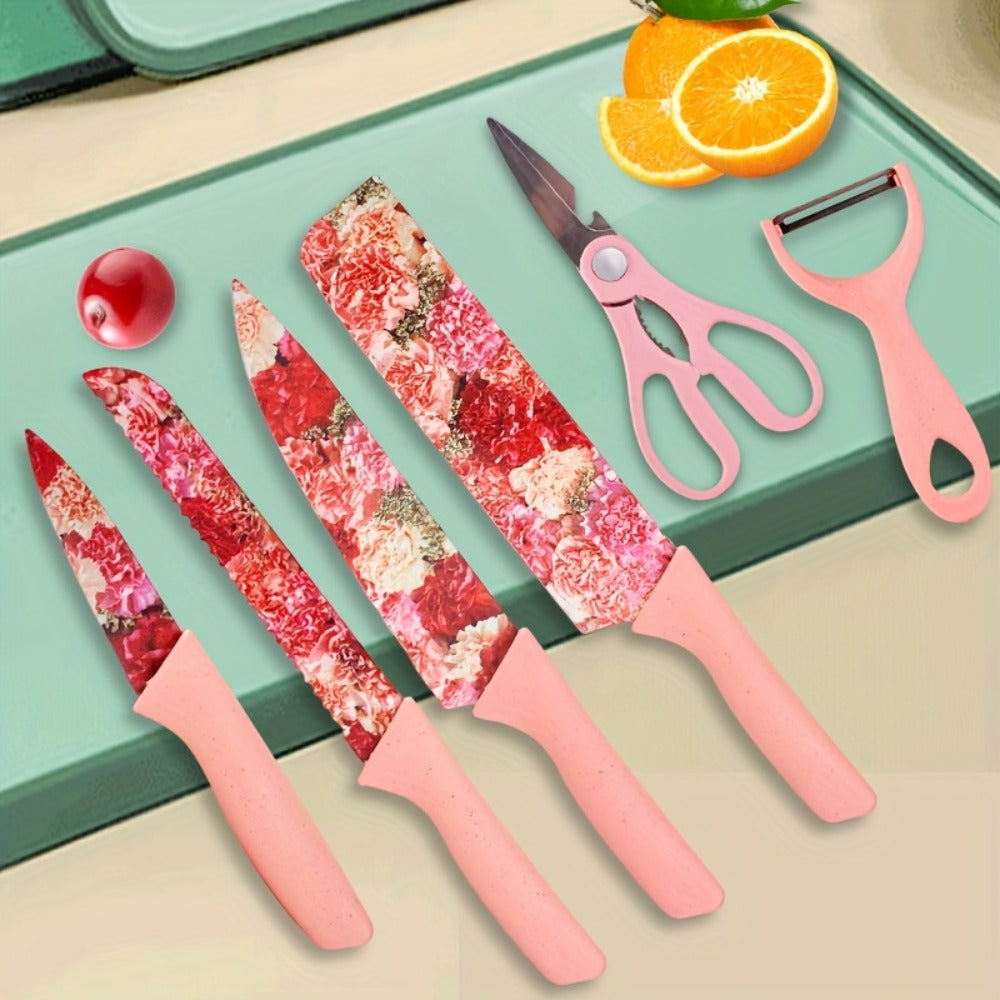 Kitchen Knife Set 6-Piece Floral High-Carbon Stainless Steel with Cleaver, Bread Knife, Shears and Peeler