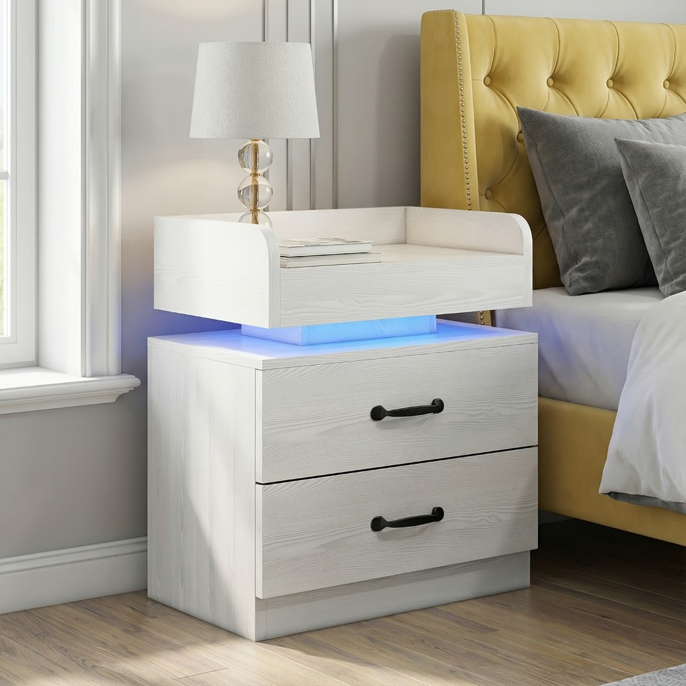 Bedside Table in Black or White in a Tray-Top Two-Drawer Charging Station Nightstand Design with LED Light