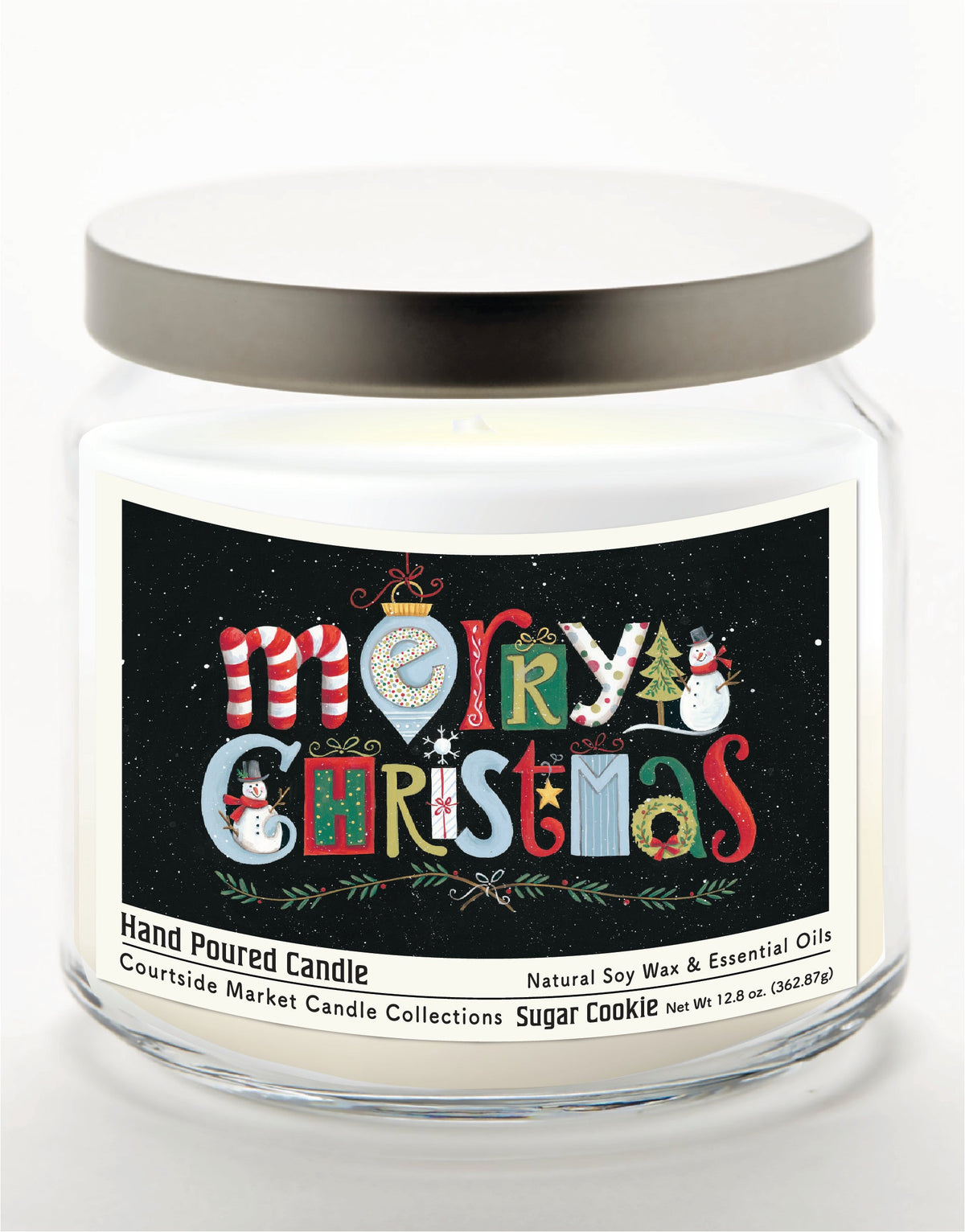 Merry Christmas II 12.8 Oz Candle Glass Jar with Brushed Silver Metal Lid