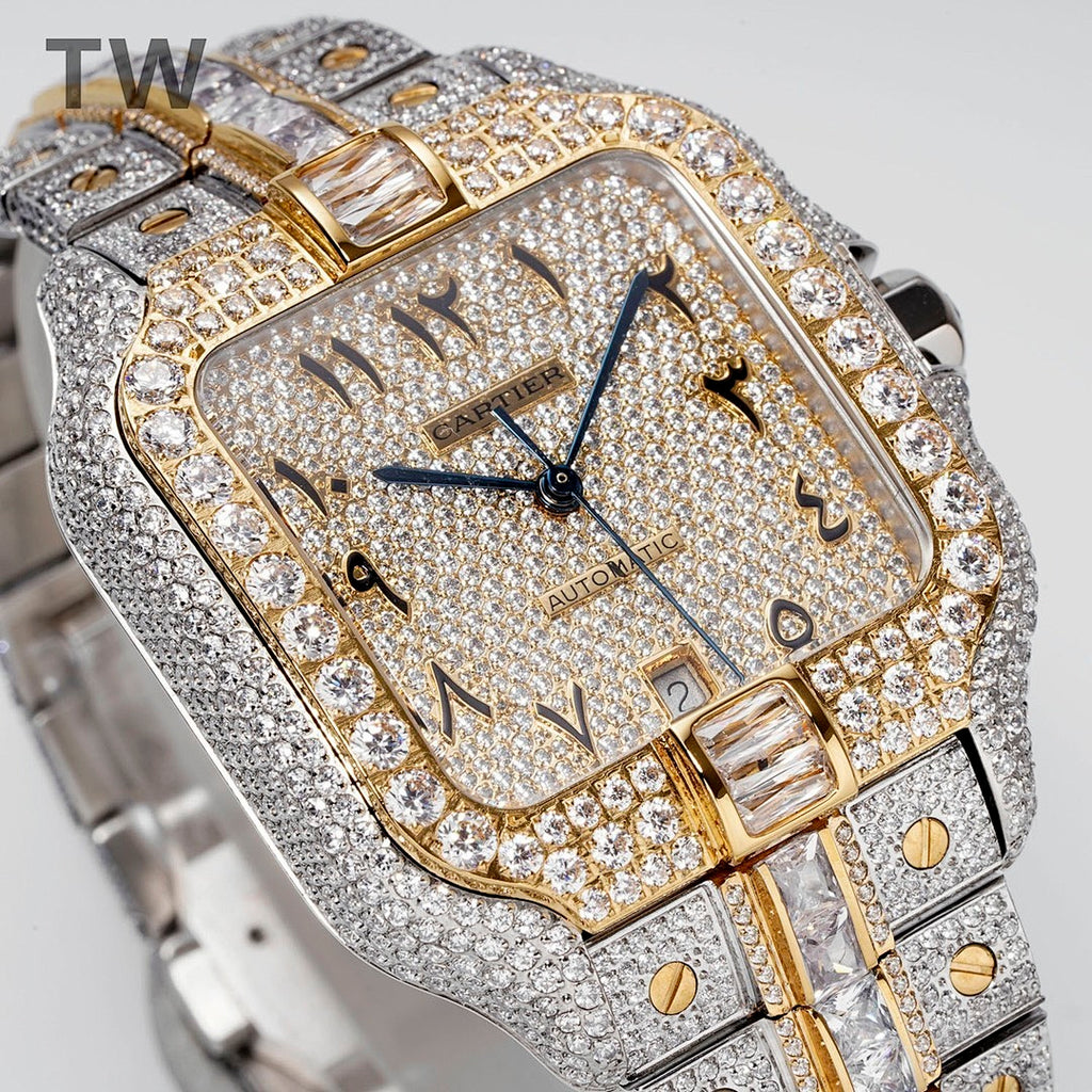 Cartier Santos Iced Out – Two-Tone Diamond Pavé Case & Bracelet Arabic Numeral Diamond Dial Date