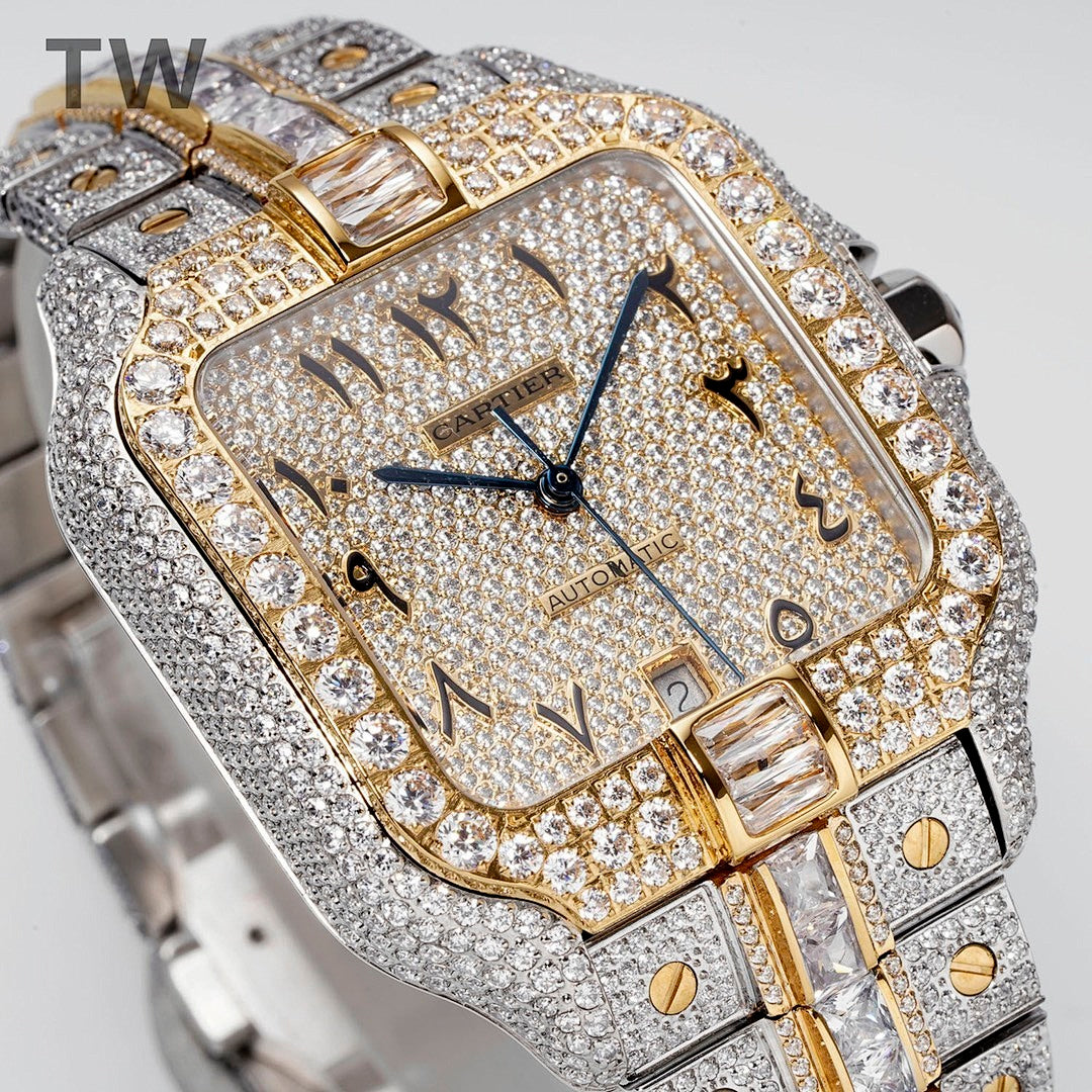 Cartier Santos Iced Out – Two-Tone Diamond Pavé Case & Bracelet Arabic Numeral Diamond Dial Date