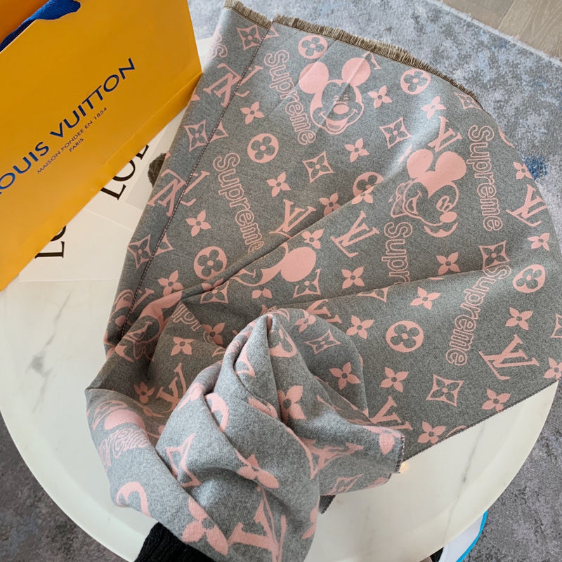Louis Vuitton x Supreme Mickey Mouse Reversible Monogram Scarf – Grey & Pink