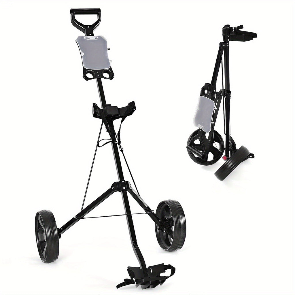 Foldable 2 Wheel Golf Push Cart Trolley with Scoreboard - Lightweight Steel Frame Pull Cart with Adjustable Handle, Score Counter, Ball & Tee Holder, Easy Fold Design for Golf Course & Club Transport