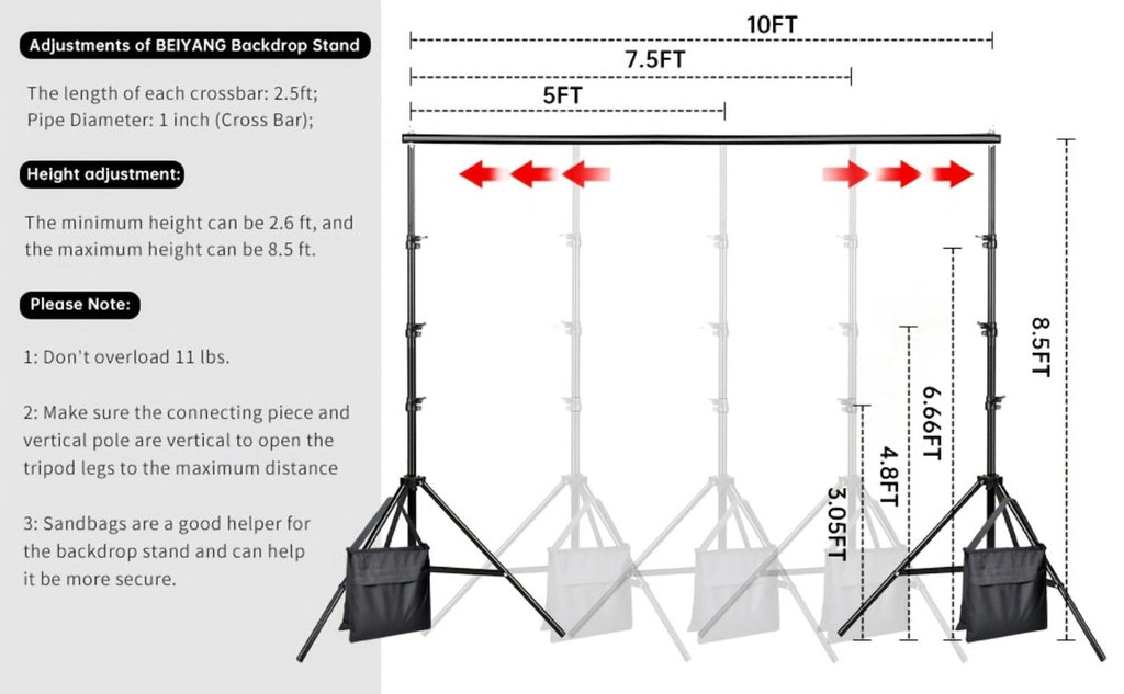Backdrop Stand BEIYANG 10 x 8.5-Foot Tripod Kit with Sectional Crossbar, Clips, Ballast Bags and Carry Bag