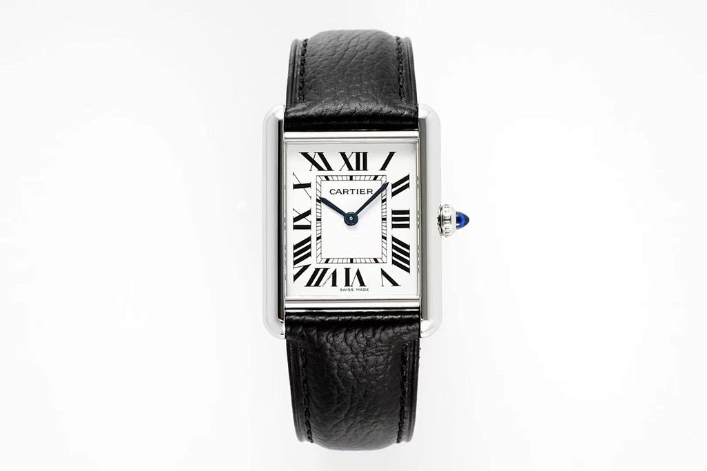 Cartier Tank – Steel White Roman Numeral Dial Blue Sword Hands Sapphire Crown Black Leather Strap