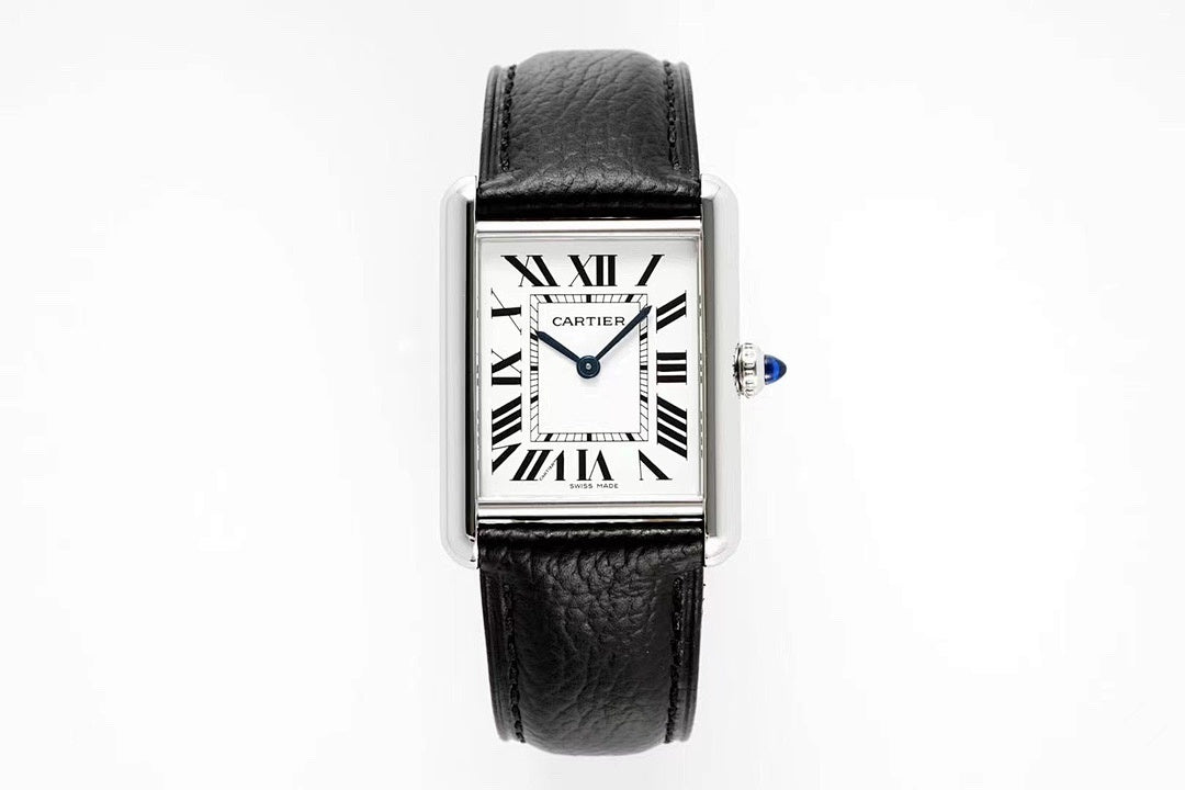 Cartier Tank – Steel White Roman Numeral Dial Blue Sword Hands Sapphire Crown Black Leather Strap