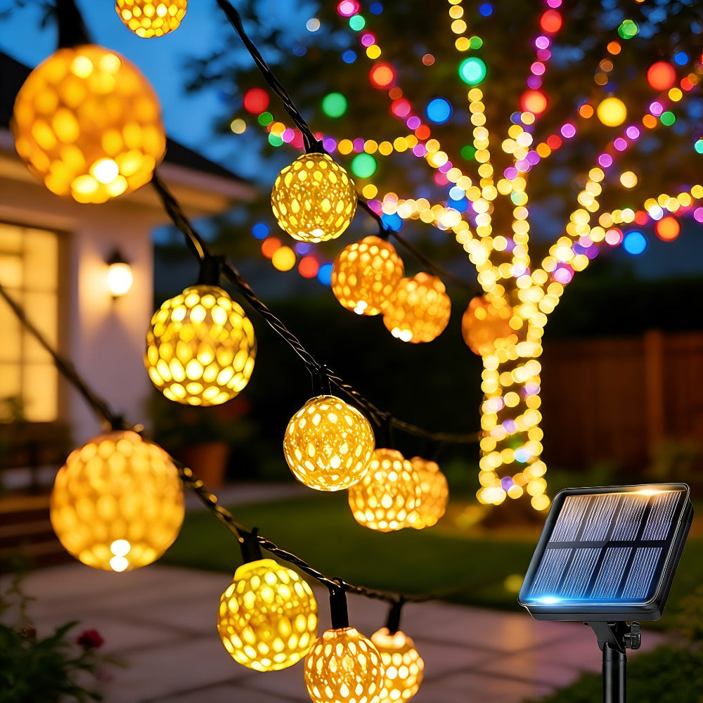 Moroccan Solar String Lights Outdoor - Metal Sphere Fairy Lights with 20/30/50 LED Beads, 8 Modes