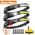 Three-Pack COB and LED Headlamps with 230° Beam, Five Modes, Motion Sensor and Six Hooks Included