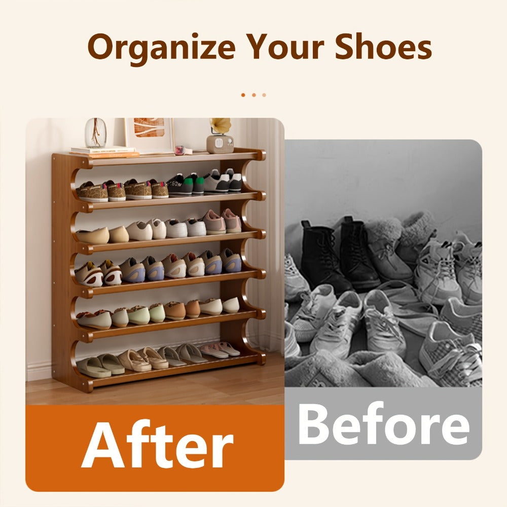 Shoe Rack in Reinforced Bamboo, Three to Six Tiers for Freestanding Garage and Entryway Organization