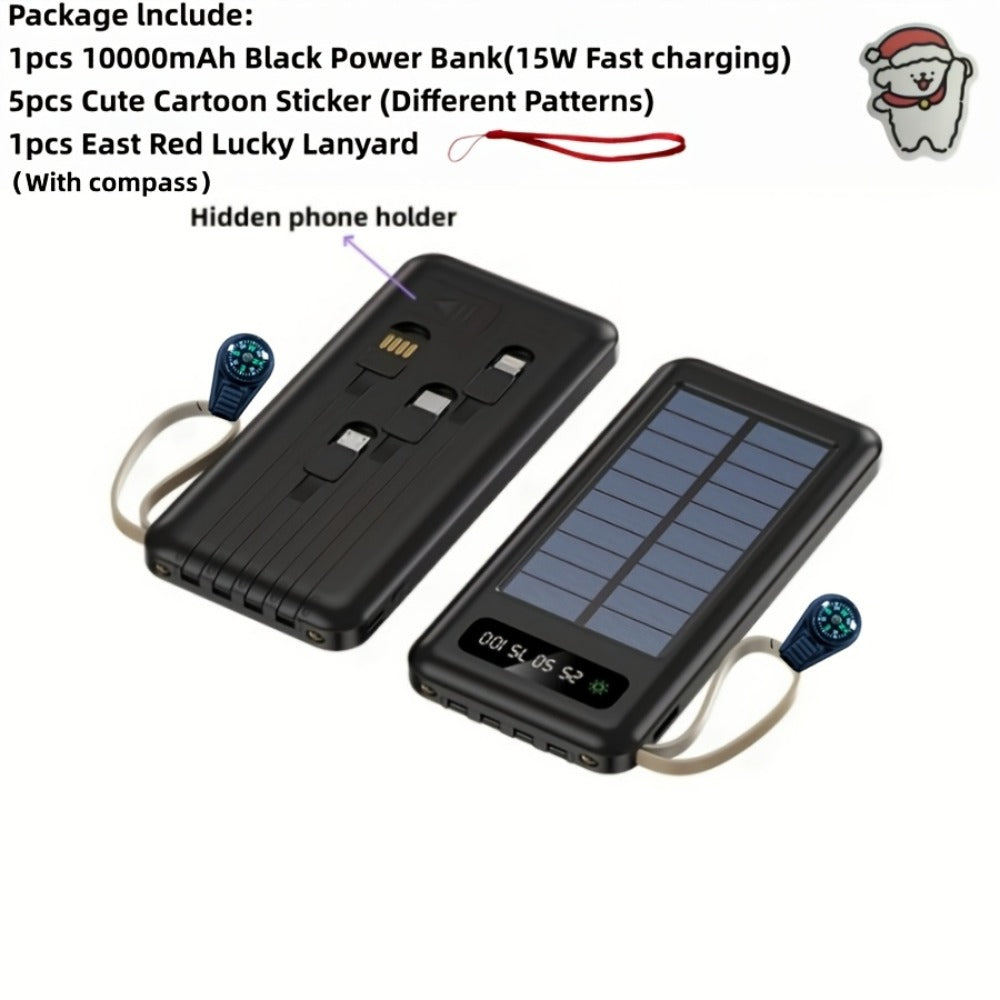 Solar Power Bank for Portable Device Charging, Built-In Cables and Digital Display, 10000-30000mAh
