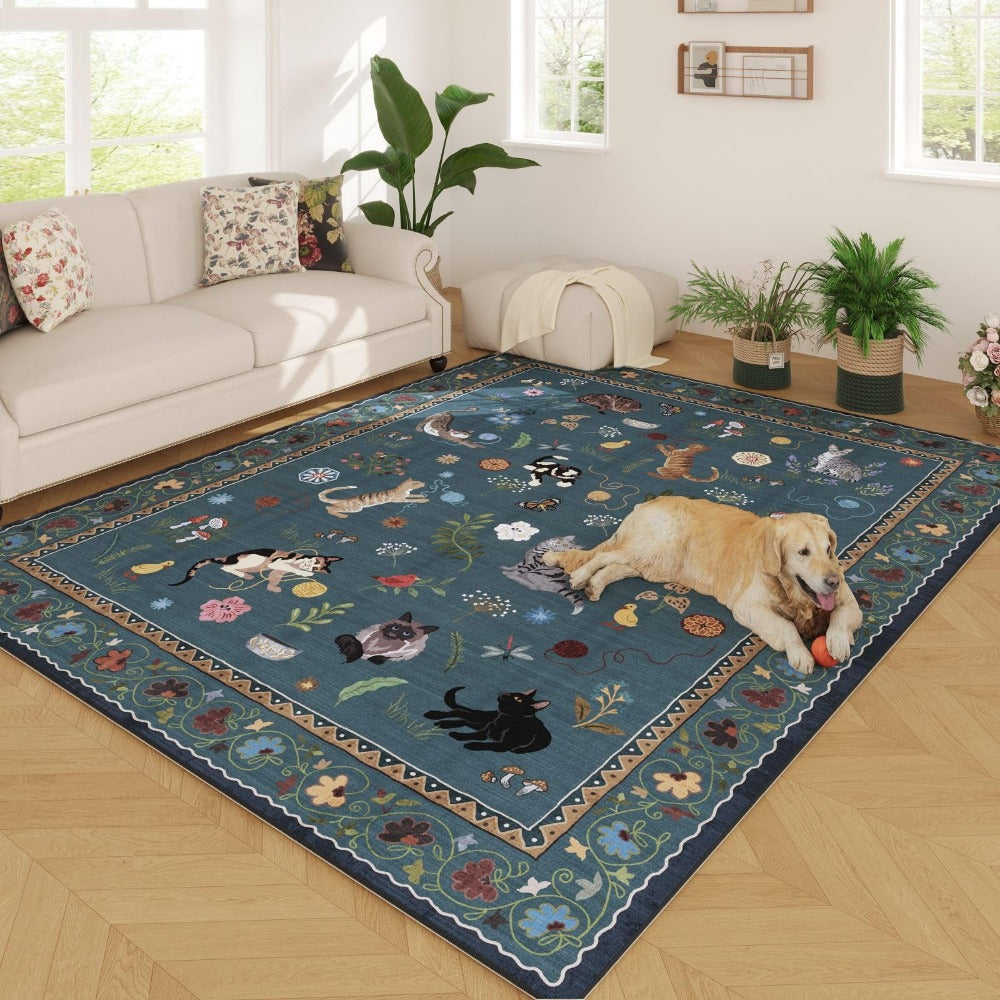 Boho Cat Floral Area Rug – Vintage Blue Animal Print Low Pile Carpet, Non-Slip Soft Rug for Living Room, Bedroom & Dining Room, Round & Runner Sizes, Easy Clean