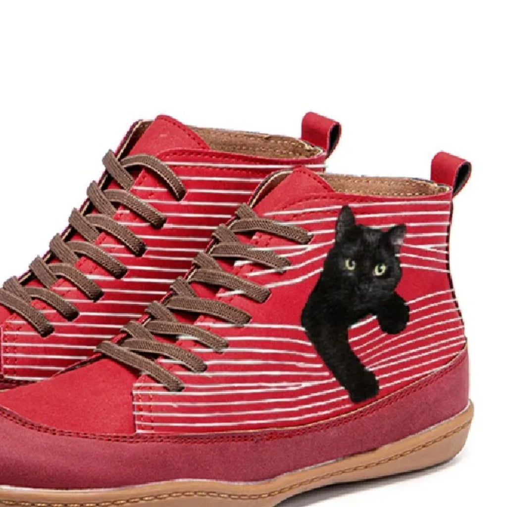 Cat Print Striped Ankle Sneakers