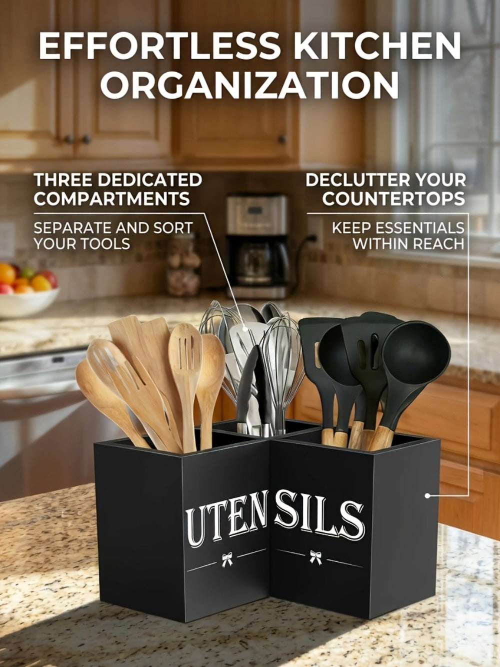 Utensil Caddy Kitchen Organizer 3-Compartment Solid Wood Countertop Holder in Black Farmhouse Style