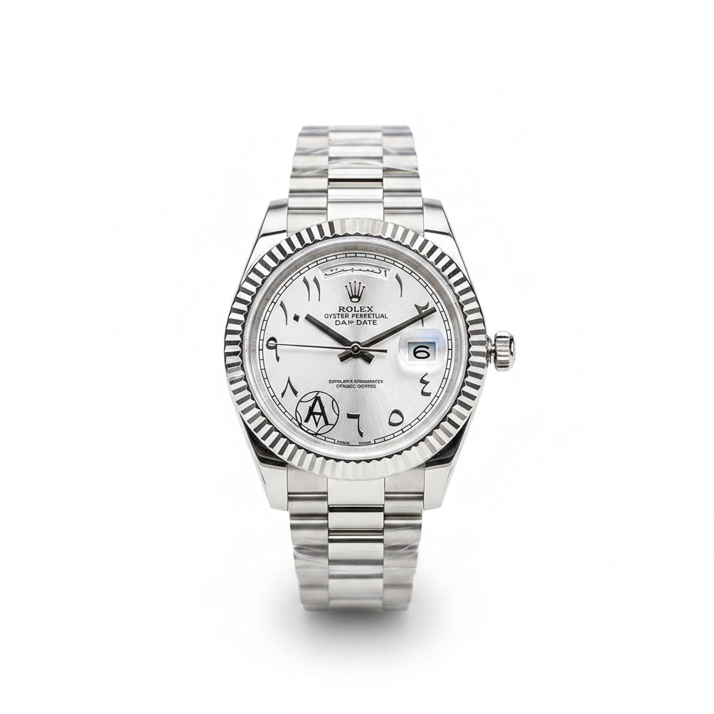 Rolex Datejust – Steel White Gold Fluted Bezel White Arabic Numeral Dial President Bracelet Box Papers