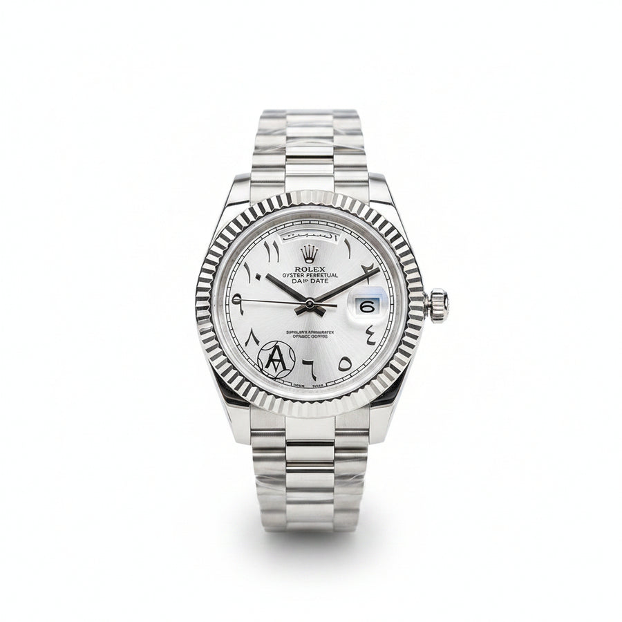 Rolex Datejust – Steel White Gold Fluted Bezel White Arabic Numeral Dial President Bracelet Box Papers