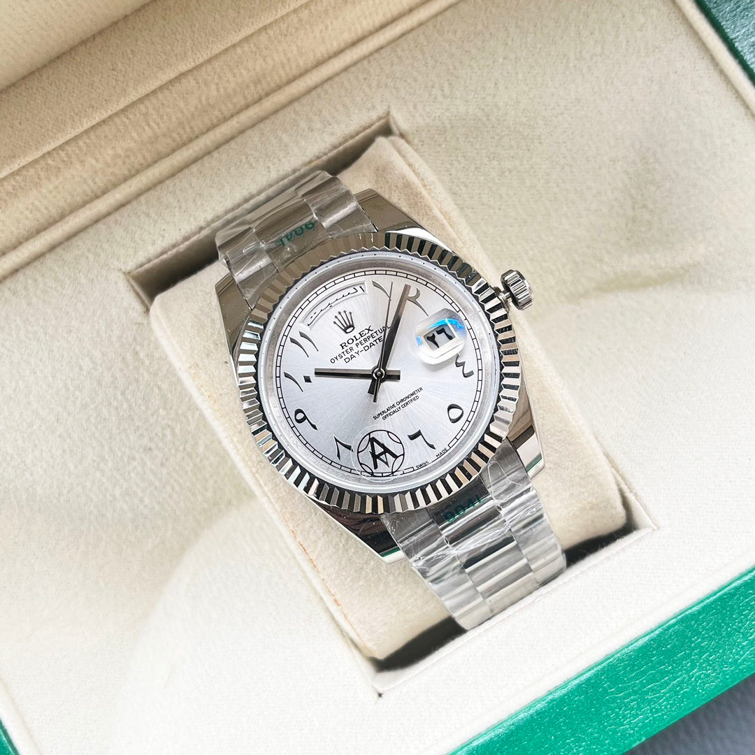 Rolex Datejust – Steel White Gold Fluted Bezel White Arabic Numeral Dial President Bracelet Box Papers