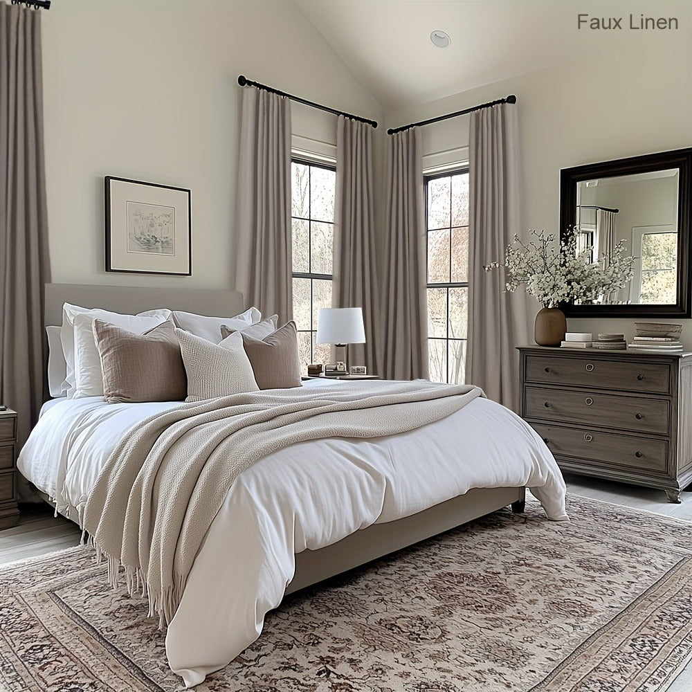 Four Faux Linen Textured Panels with Thermal Insulation and Rod Pockets for Living Room and Bedroom, 100% Blackout Curtains