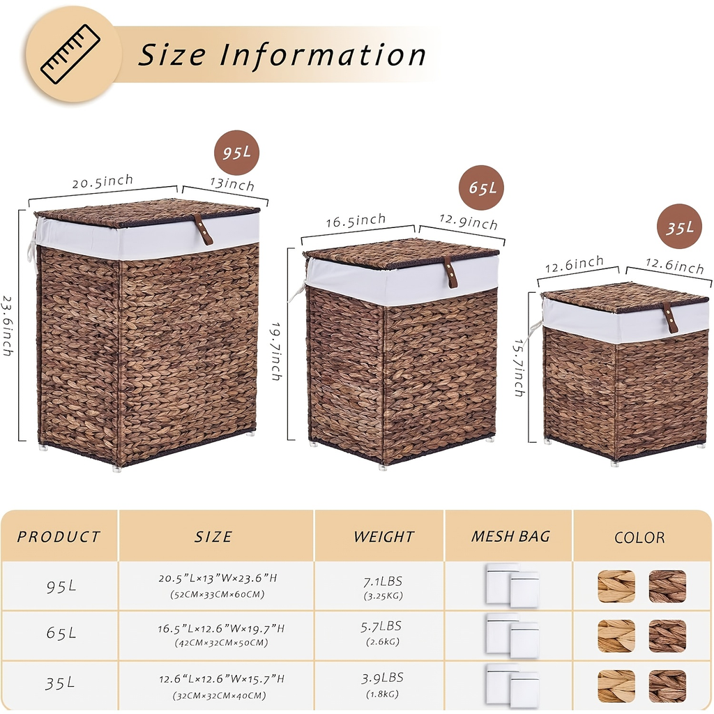 Laundry Basket with Lid & Handles - Handwoven Water Hyacinth Wicker Hamper, Removable Cotton Liner