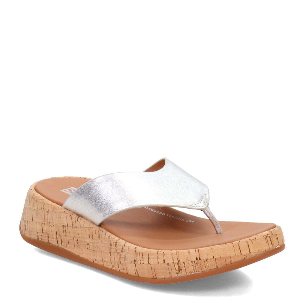 FitFlop F Mode Cork Flatform Toe Post Women's Slides — Silver Leather