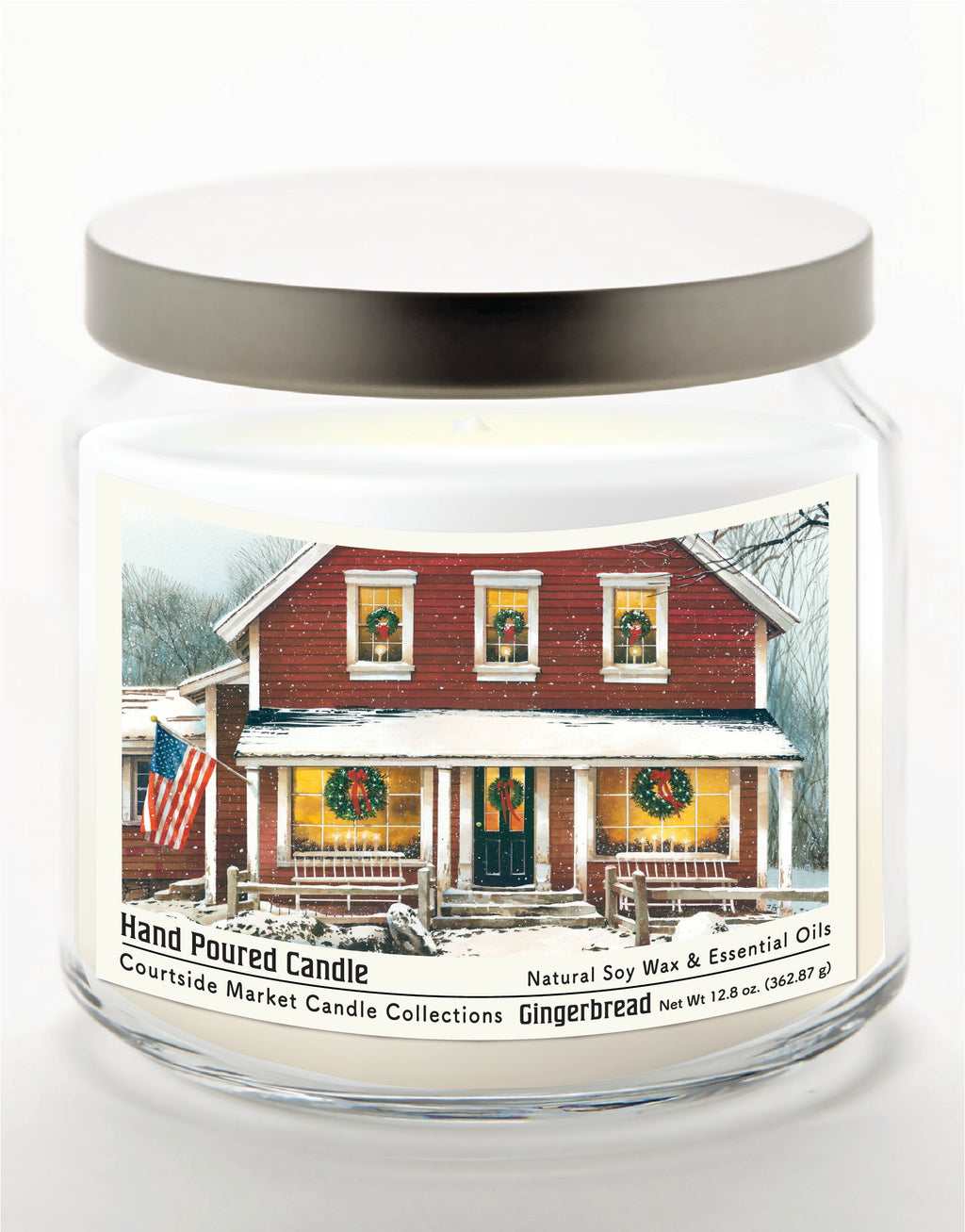 Christmas Farmhouse 12.8 Oz Candle Glass Jar with Brushed Silver Metal Lid