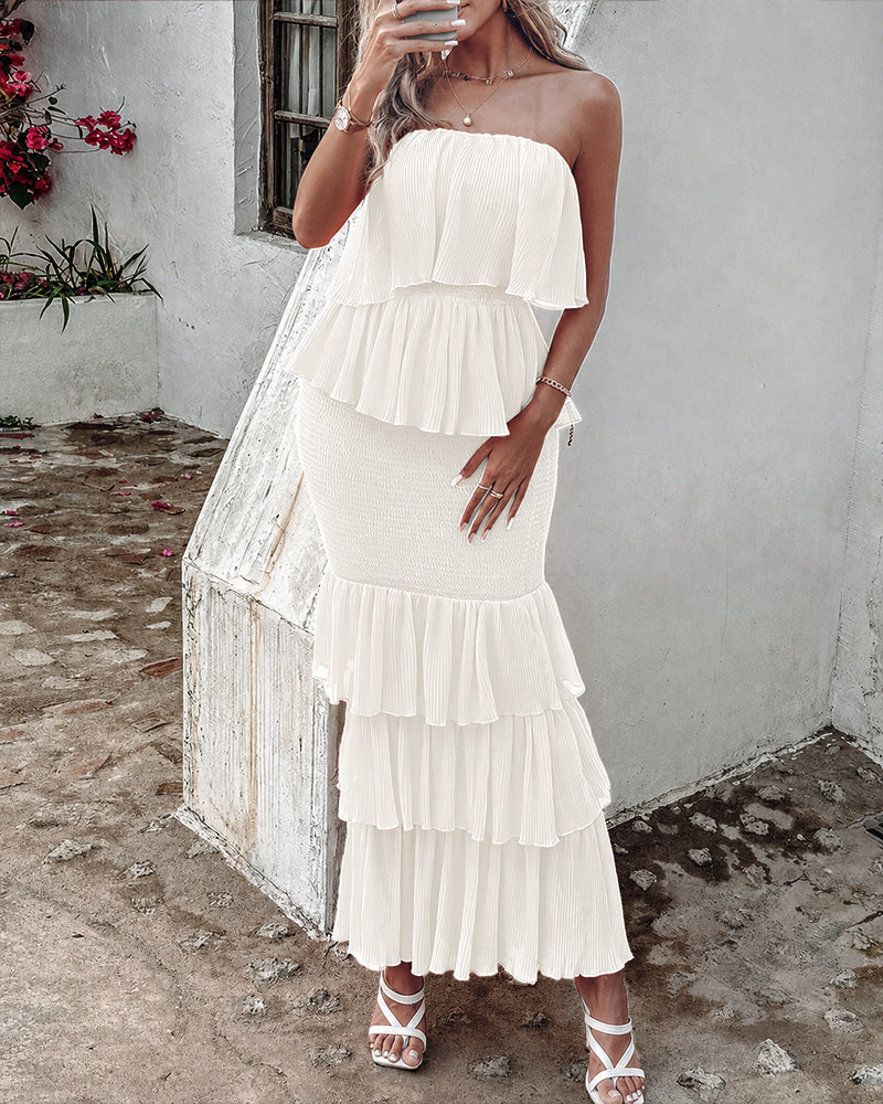 Layered Ruffle Shirred Slim Fit Strapless Dress Textured Maxi Party Dress