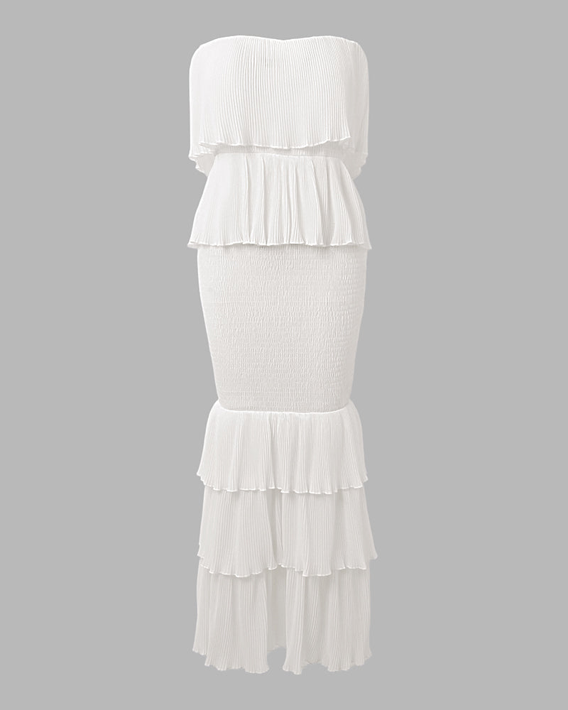 Layered Ruffle Shirred Slim Fit Strapless Dress Textured Maxi Party Dress