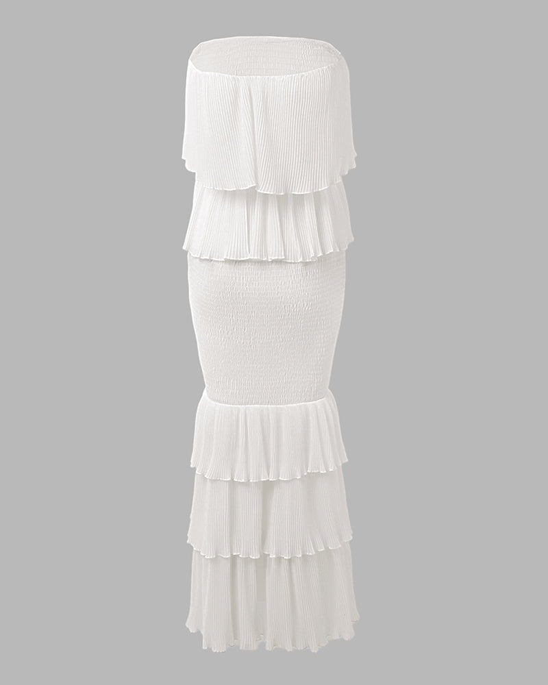 Layered Ruffle Shirred Slim Fit Strapless Dress Textured Maxi Party Dress