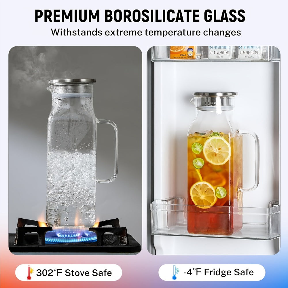 Glass Pitcher with Lid & Handle 2L 68oz, Square Borosilicate Water Jug, Heat Resistant Carafe for Fridge