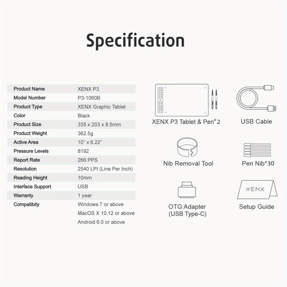 Graphics Drawing Tablet, XENX 10 x 6.22 Inch, 8192 Pressure Sensitivity Battery-Free Passive Stylus
