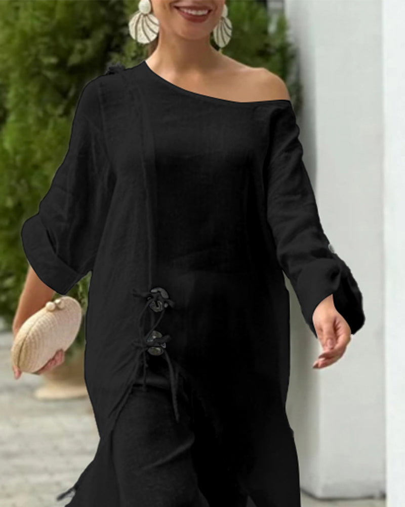 2 Pieces Outfit Button Decor One Shoulder Turn-Up Sleeves Slit Raw Edges Top and Casual Drawstring Elastic Waist Wide Leg Pants Set