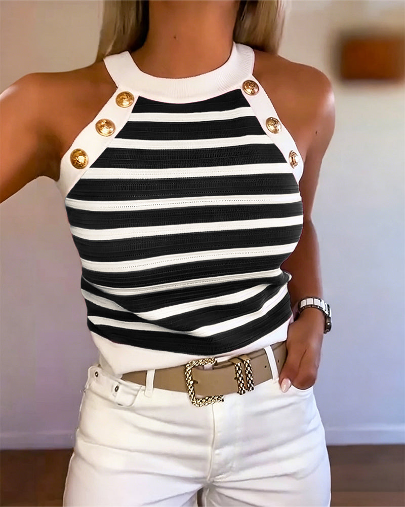 Women's Striped Halter Knit Tank Top Sleeveless Rib-Knit Camisole Gold Button Detail Slim Fit Summer Top