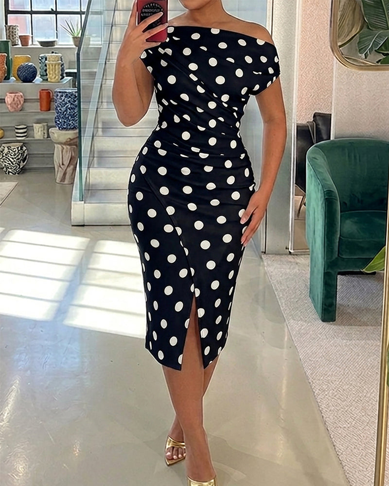 Midikleid mit Polka-Dot-Muster, schrägem Ausschnitt und Raffung, elegantes Wickelkleid mit Schlitz