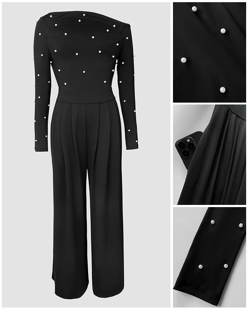 Pearls Decor Skew Neck Long Sleeve Cinched Waist Overalls Casual Ruched Zipper Back Wide Leg Jumpsuit