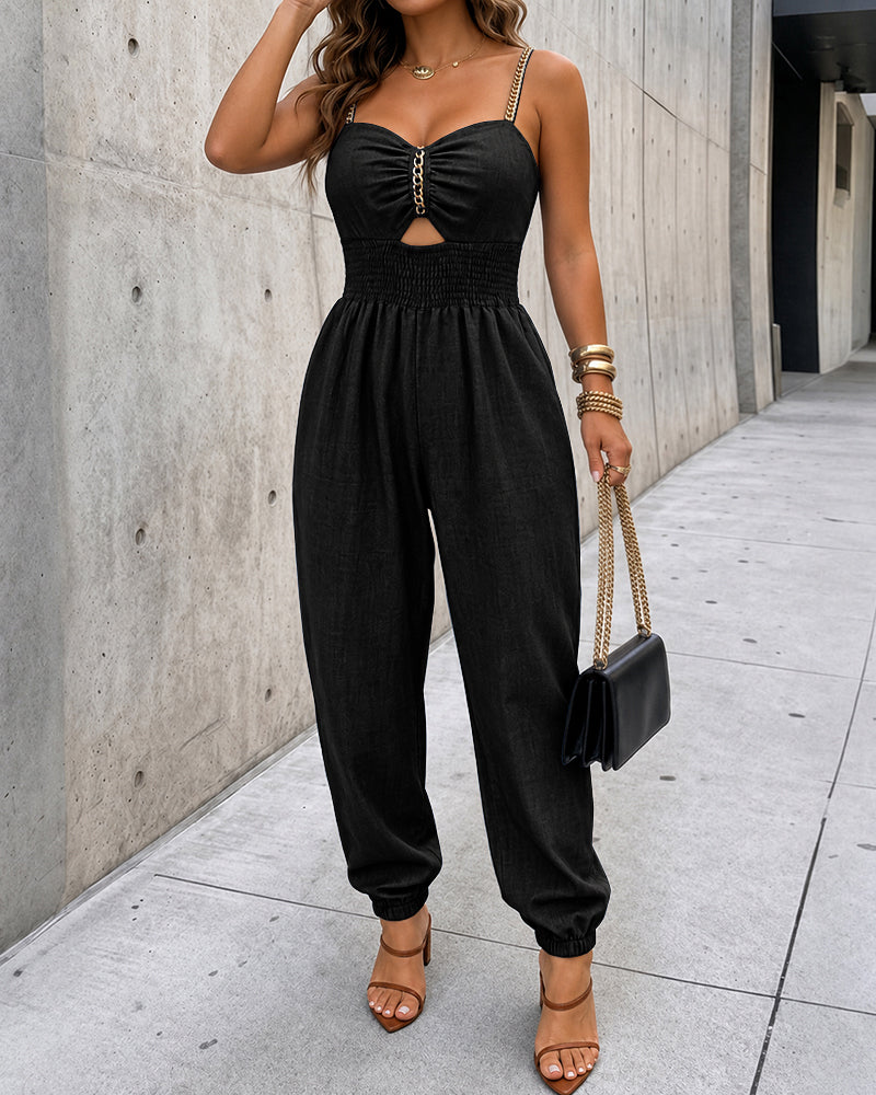 Women's Chain Strap Jumpsuit Hollow Out Shirred Waist Overalls Casual Jogger Jumpsuit with Pockets