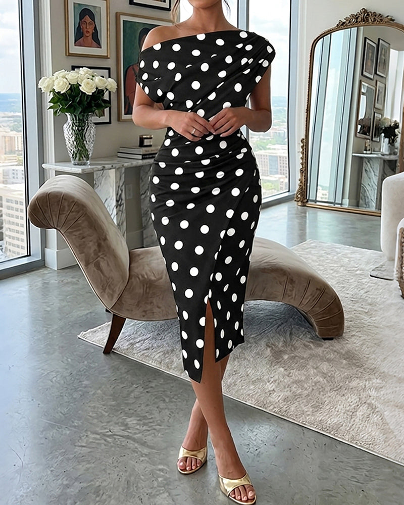 Midikleid mit Polka-Dot-Muster, schrägem Ausschnitt und Raffung, elegantes Wickelkleid mit Schlitz