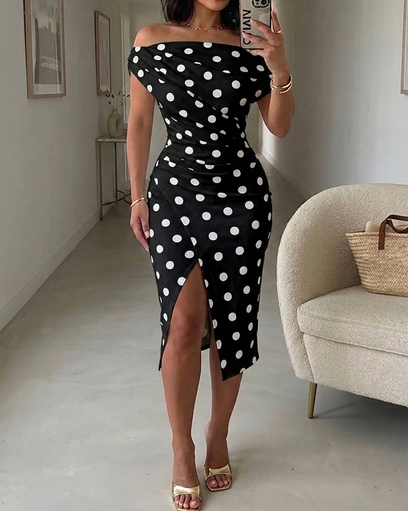 Midikleid mit Polka-Dot-Muster, schrägem Ausschnitt und Raffung, elegantes Wickelkleid mit Schlitz